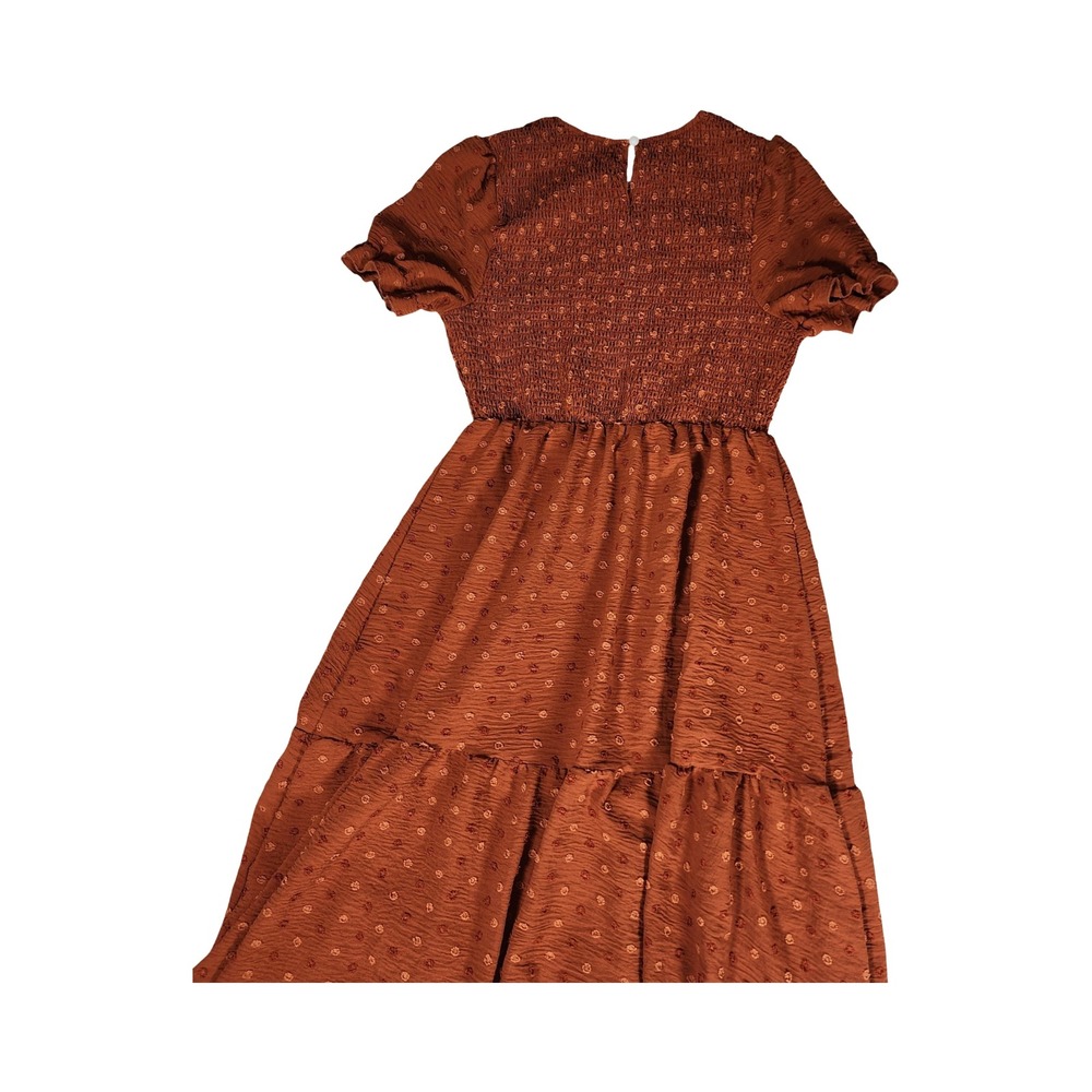 Shein Rust Brown Swiss Dot‎ Smocked Midi Dress Boho Tiered Short Puff Sleeve M 6 - Picture 11 of 11